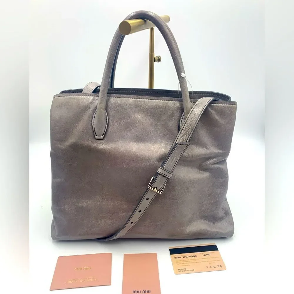 Authentic Miu Miu Vitello Shine Peltro Gray Leather 2way Satchel Preloved